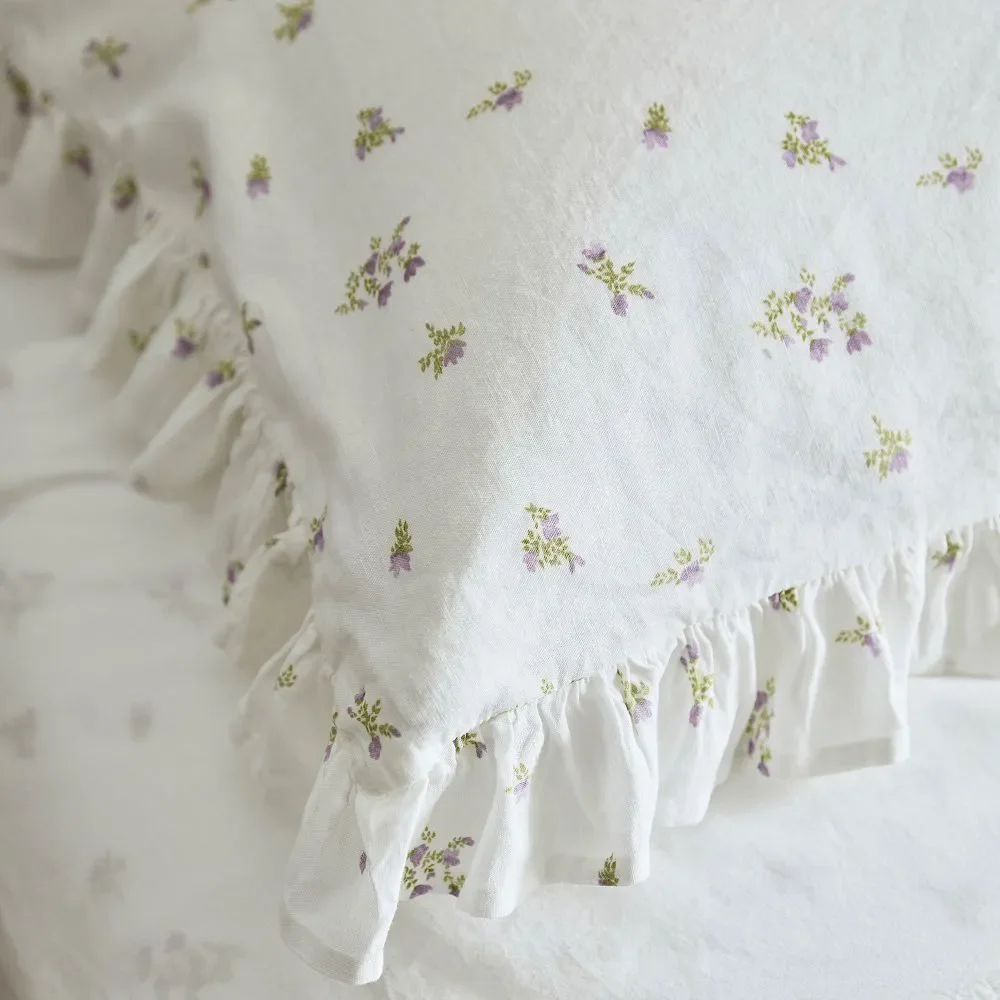 Pottery Barn - Green Row Lavender Bunches Cotton Linen Duvet & Sham Full Queen